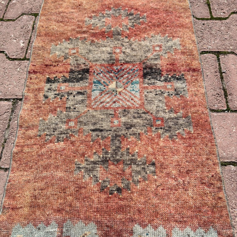 Peach Gray 1x4 ft Vintage Turkish Oushak Wool Rug- Tariff Free gallery