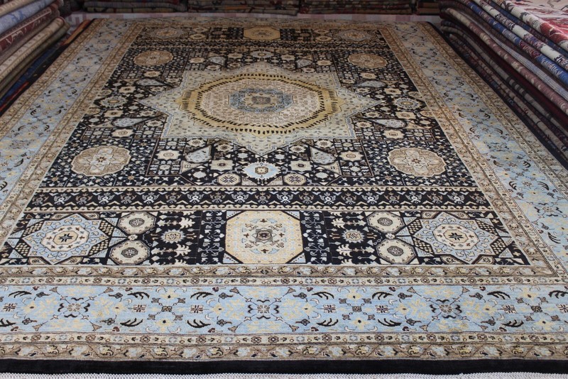 9x12 ft. Fine Quality Handmade Rug, Black Background turquoise Light Blue Color gallery