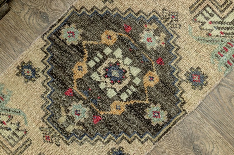 Turkish Oushak Mat 1'5x3'6 ft – Brown Sage Teal Wool Rug for Entry or Bathroom gallery