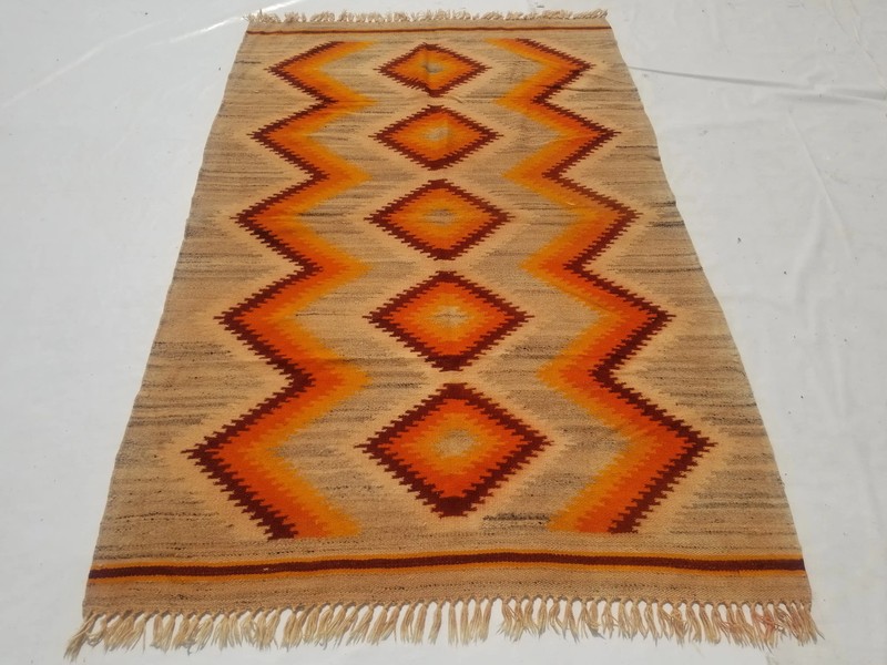 Distressed Vintage Traditional Handmade Turkish Wool Mustard Kilim 7.4x4.9ft gallery