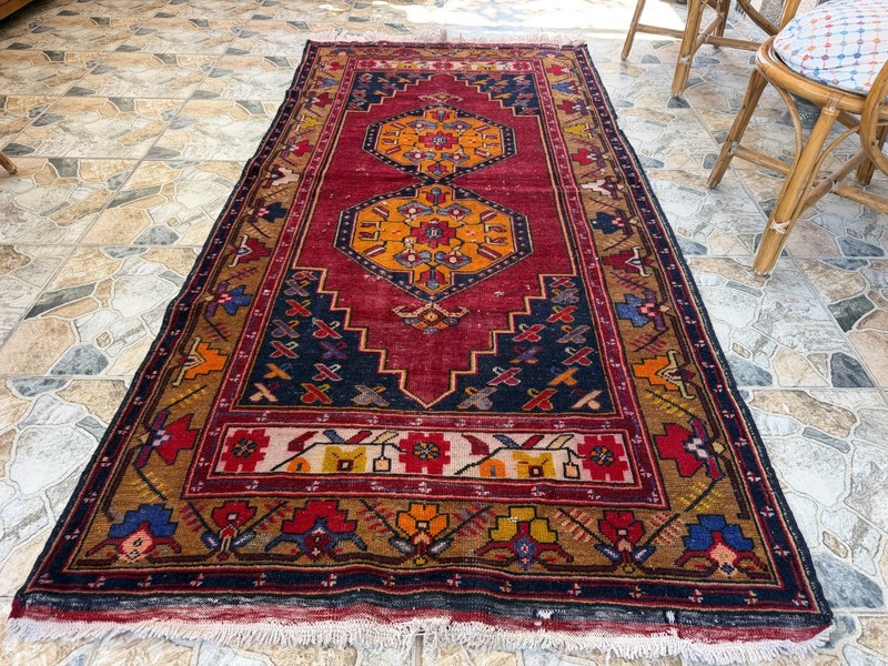 Distressed Vintage Turkish Rug 4x8 ft Hand-Knotted Wool Red Runner Carpet 1980s gallery