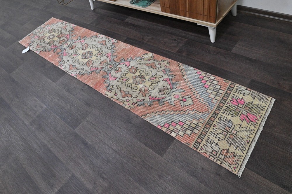Vintage Turkish Runner Rug 2x7ft RED Handmade Anatolian Oushak Hallway Wool