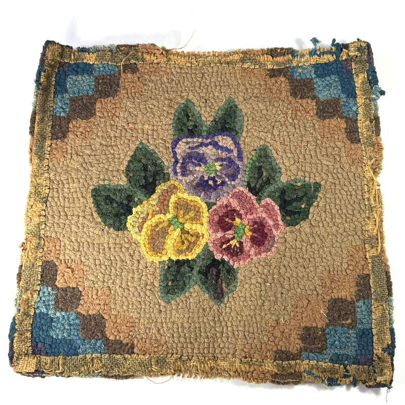 Antique Small Hand Hooked Rug Mat Pansies Floral 13.5" x 14" gallery