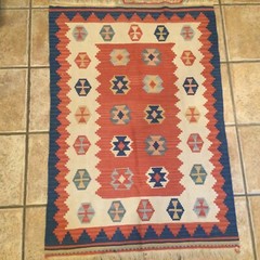 Vintage Kilim Wool Rug Blue Rust 47” X 23” Hand Knotted Turkey Tribal Carpet