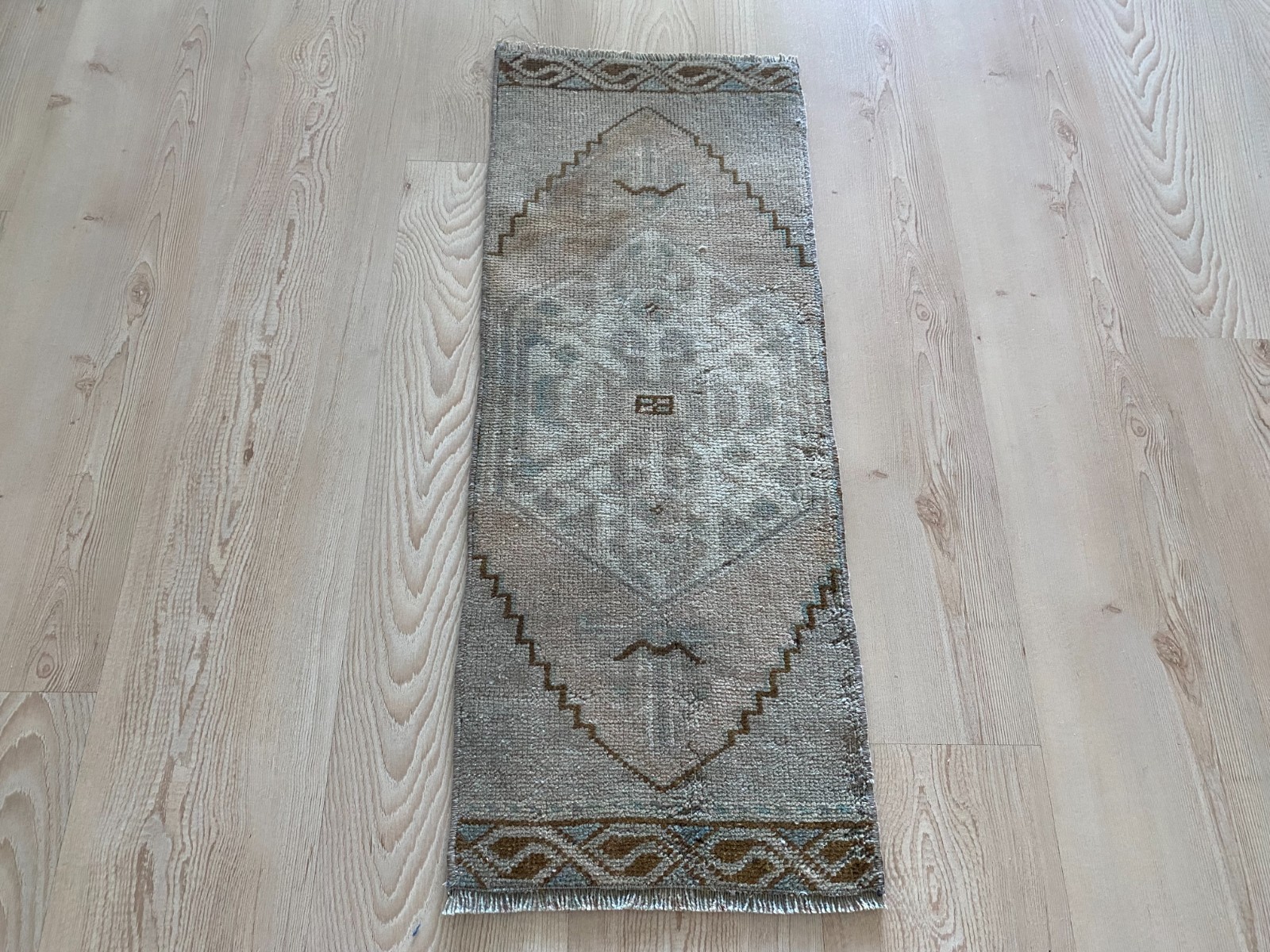 Muted Vintage Small Rug 1.1x2.8 ft with Minimal Medallion Neutral Bath Carpet gallery