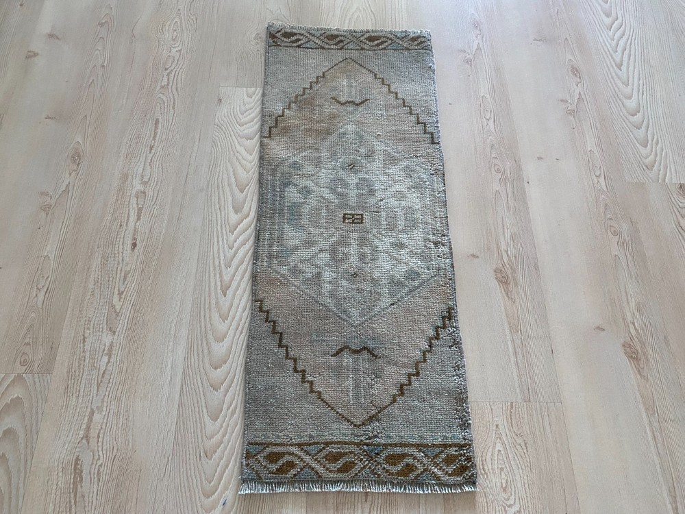 Muted Vintage Small Rug 1.1x2.8 ft with Minimal Medallion Neutral Bath Carpet