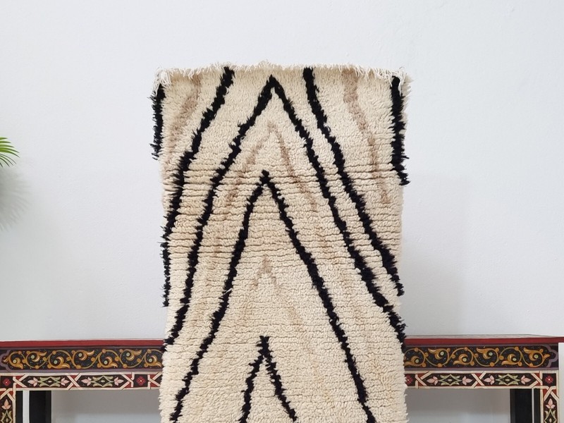 Moroccan Handmade Vintage Rug 2'1x5'3 Berber Striped Beige Black Wool Area Rug gallery