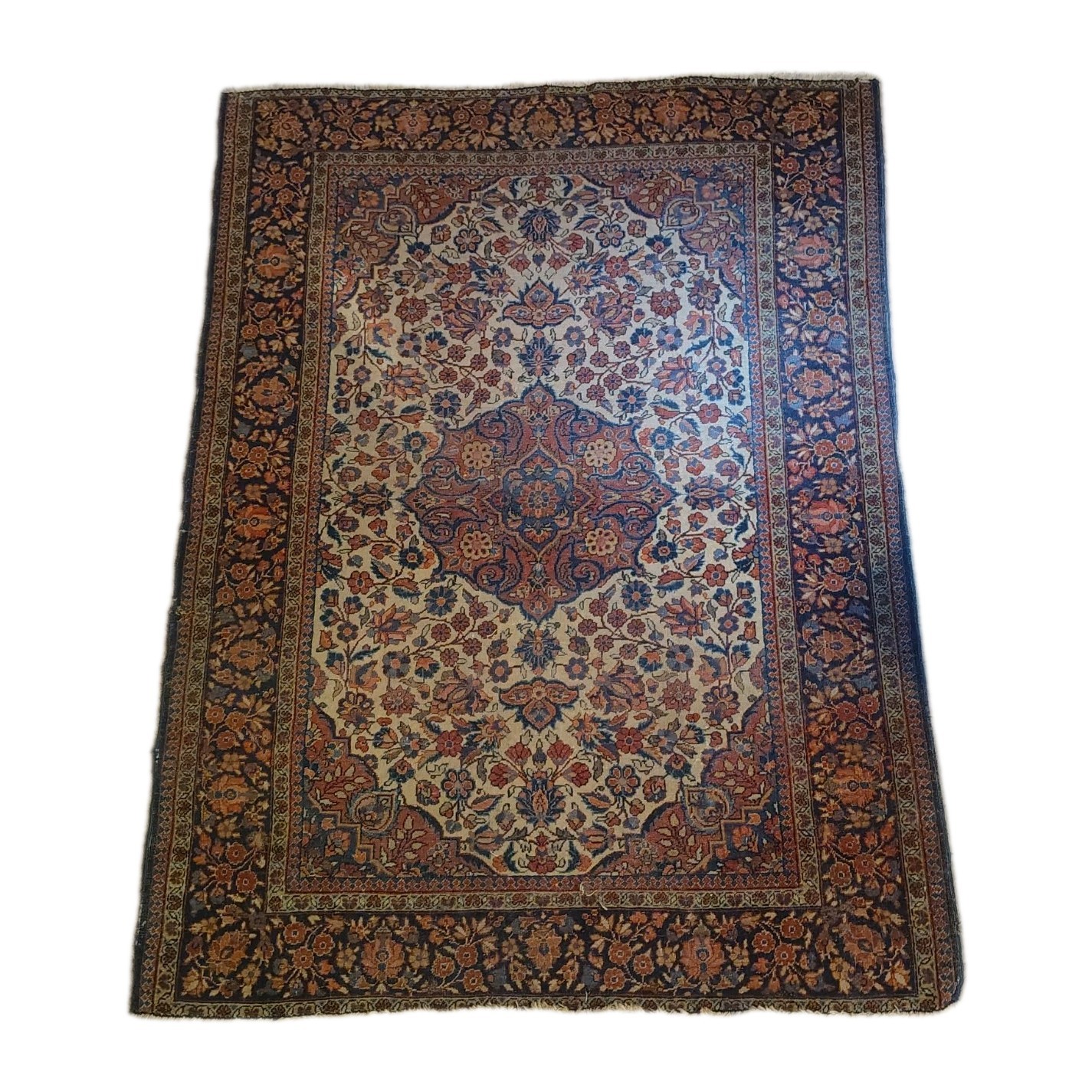 Antique Hand-Knotted Rug 56” x 42” Floral Red Blue Read India Style gallery