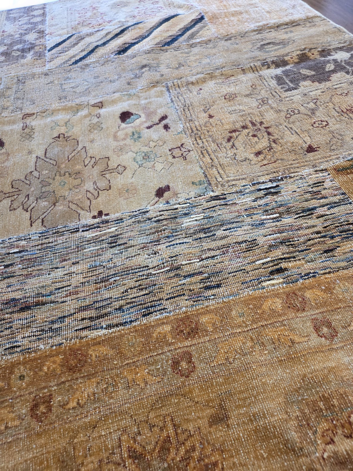 Vintage Turkish Patchwork Rug Beige Gold Distressed Kilim Handmade Wool 6.5'x5' gallery