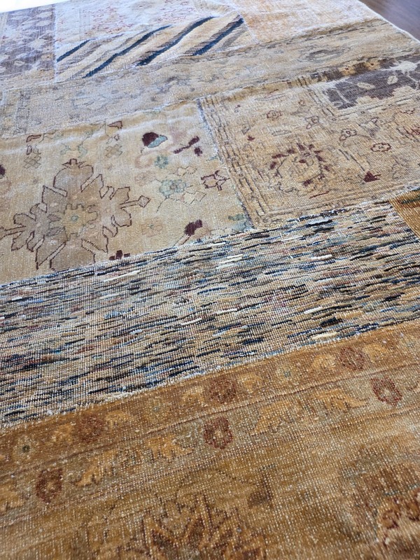 Vintage Turkish Patchwork Rug Beige Gold Distressed Kilim Handmade Wool 6.5'x5' gallery