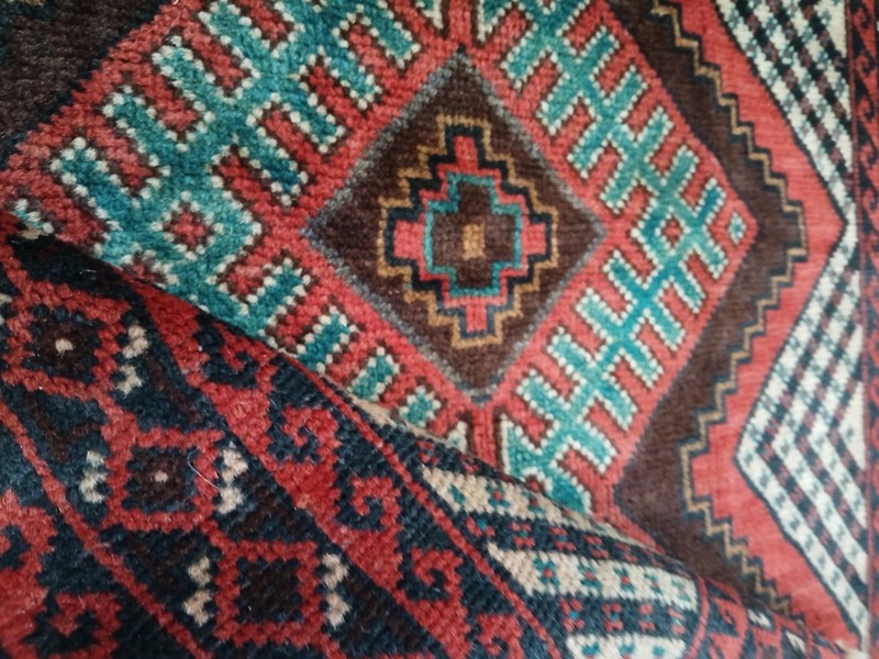 2'8"x6'8" Vintage Red Green Balochi Runner, Old Oriental Tribal Runner Rug gallery