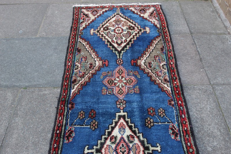 Vintage Hand Made Traditional Oriental Wool Blue Long Runner 310x74cm gallery