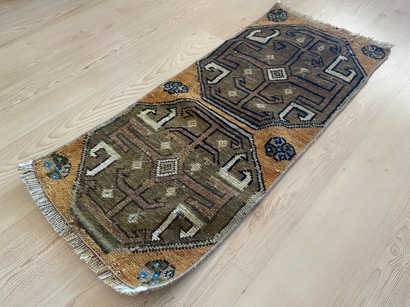 Vintage Anatolian Small Rug 1.2x2.9 ft Handwoven Wool Tribal Carpet gallery