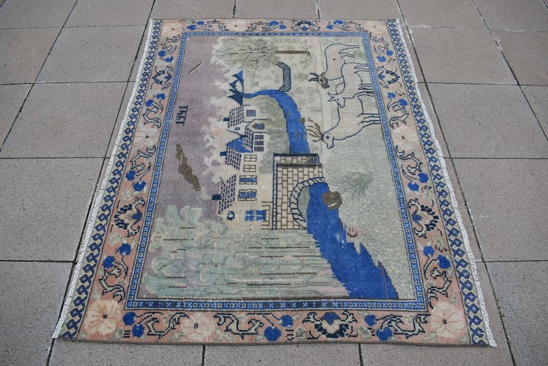 Stunning Wall Decor Rug 4'9'' x 3'8'' ft. Vintage Anatolian Pictorial Oushak Rug gallery