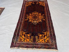 2’10×5’1 ft Vintage Afghan Baluchi Hand Knotted Wool Black Orange Medallion Rug