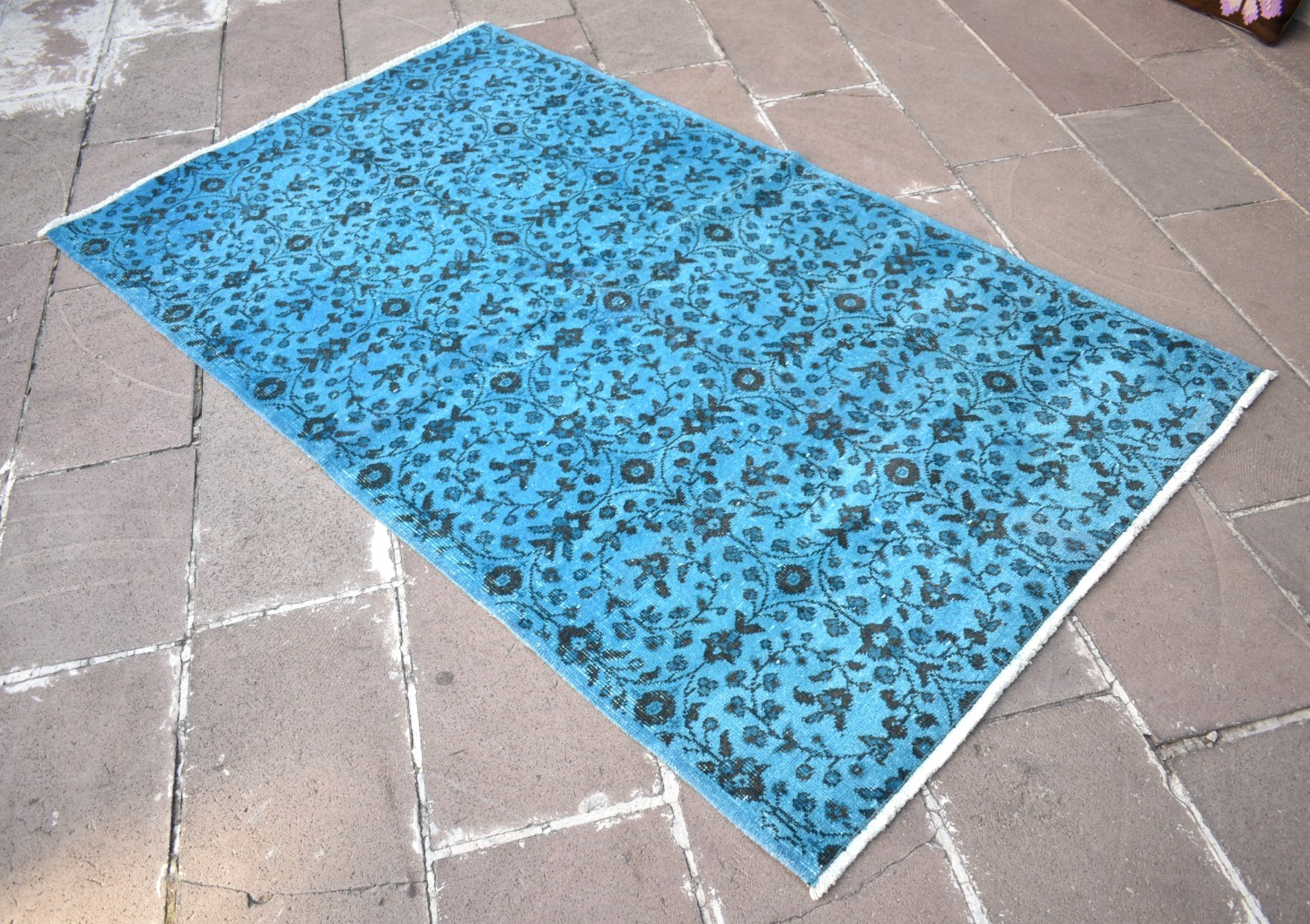 Vintage Turkish Rug 48'' x 81'' Hand-knotted Over Dyed Blue Rug Painted Wool Rug gallery