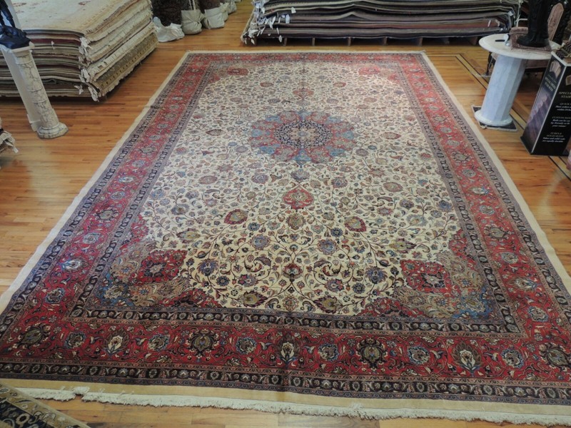 13x19 Oversize Antique Mashaad Oriental Area Rug Ivory Red wool RARE size gallery
