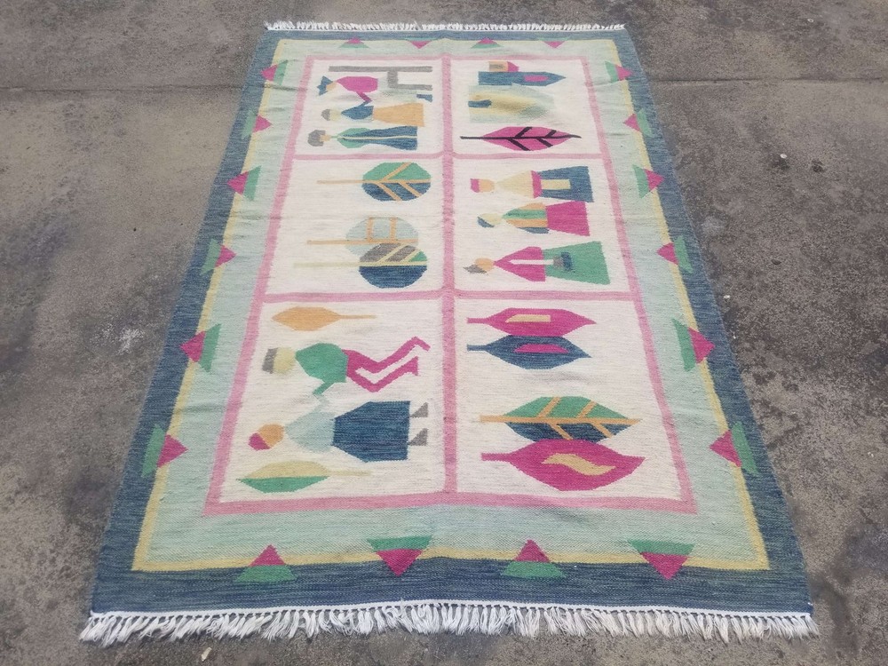 Vintage Hand Made Pictorial Dhurrie Wool Multicolor Kilim Rug 203x133cm