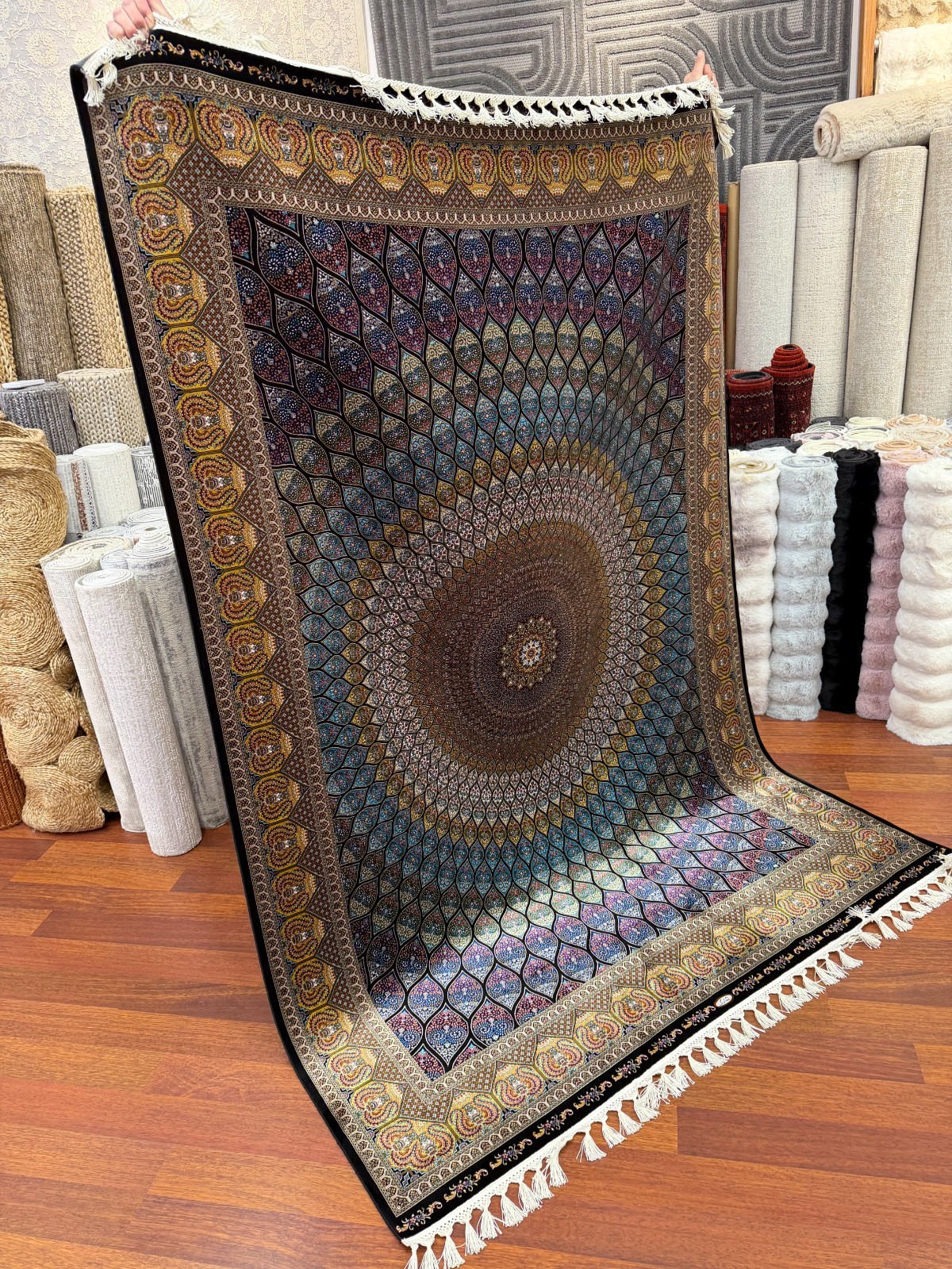 Turkish Silk Look Rug 8x11f Peacock Design Mandala 3D Effect Luxury Oriental rug gallery