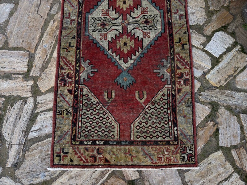Hand-Knotted Vintage Geometric Carpet 2x5 Red Wool Medium Size Bedroom Rug gallery