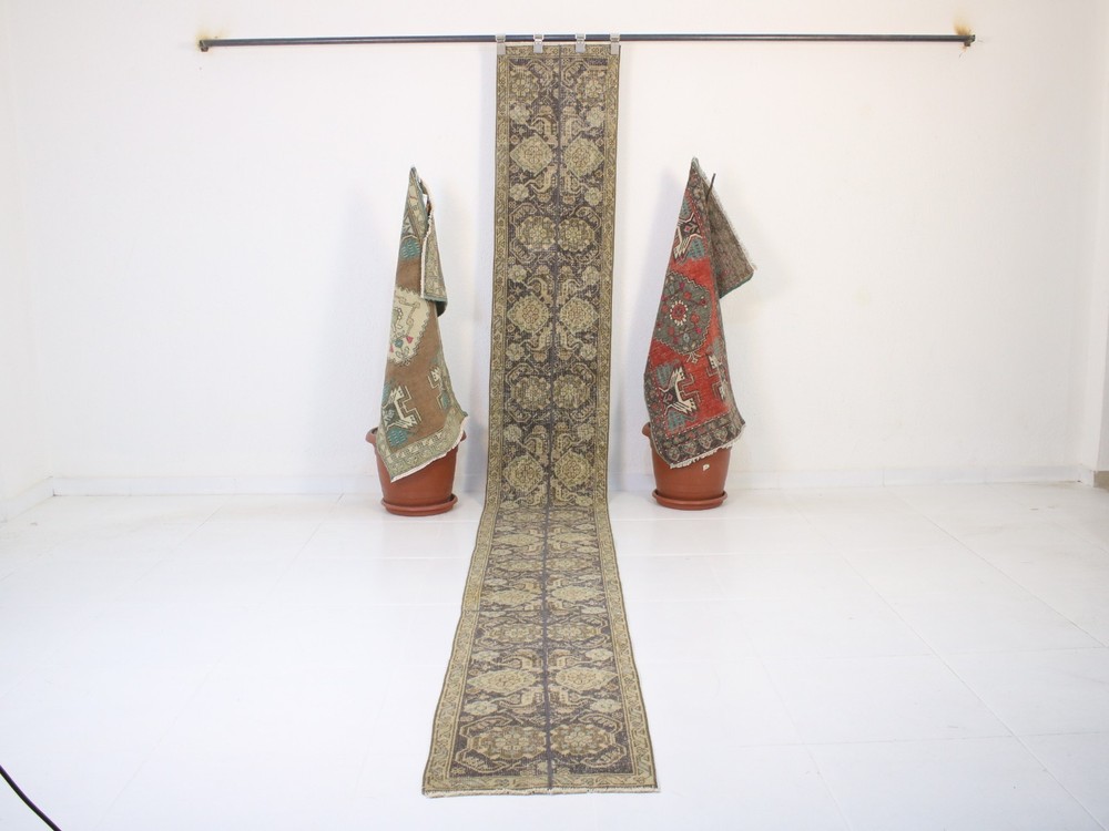 2x13 Turkish Handmade Long Runner Rug Beige Blue Patchwork Vintage 1.5x13.1 ft