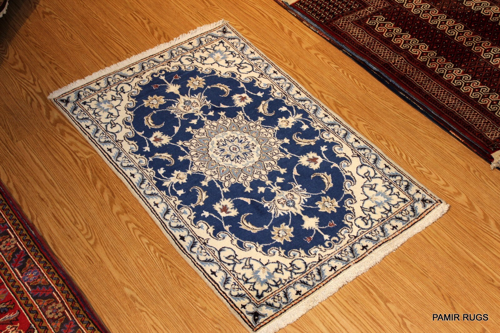 3x5 ft. Fine Quality Genuine NAIN Rug. Wool & Silk Beige Blue Border Rug #2HR gallery