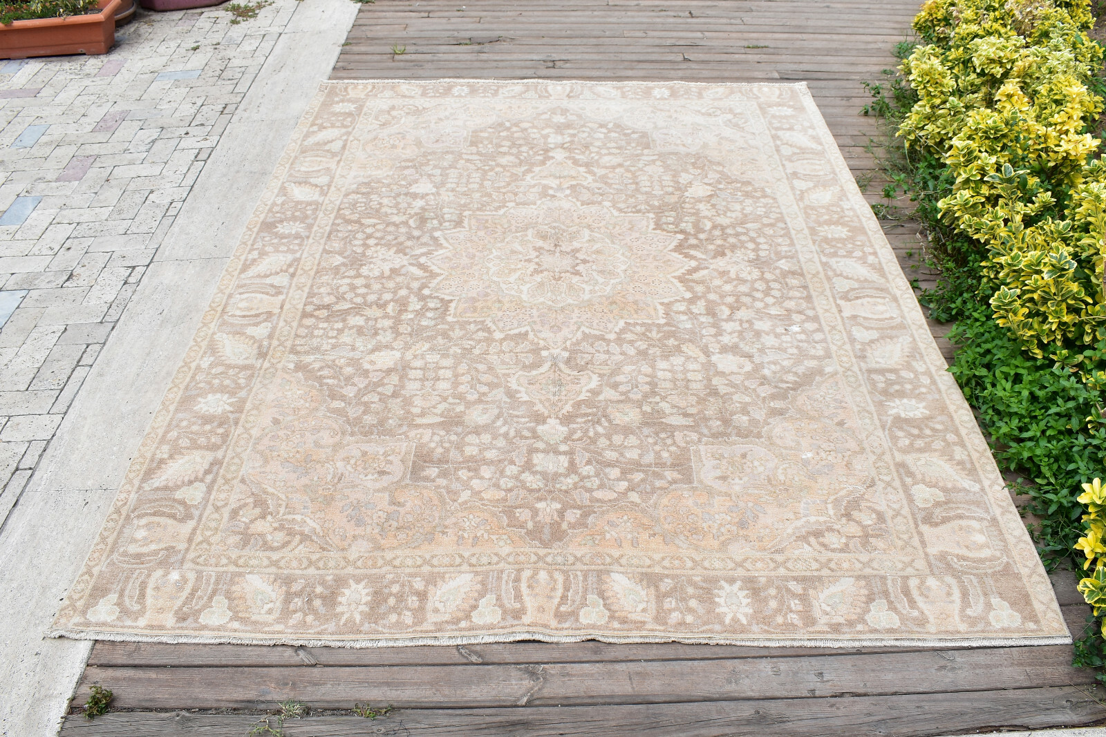 Turkish Oushak Rug 204x280cm Vintage Faded Color Medallion Floral Design 6x9 gallery