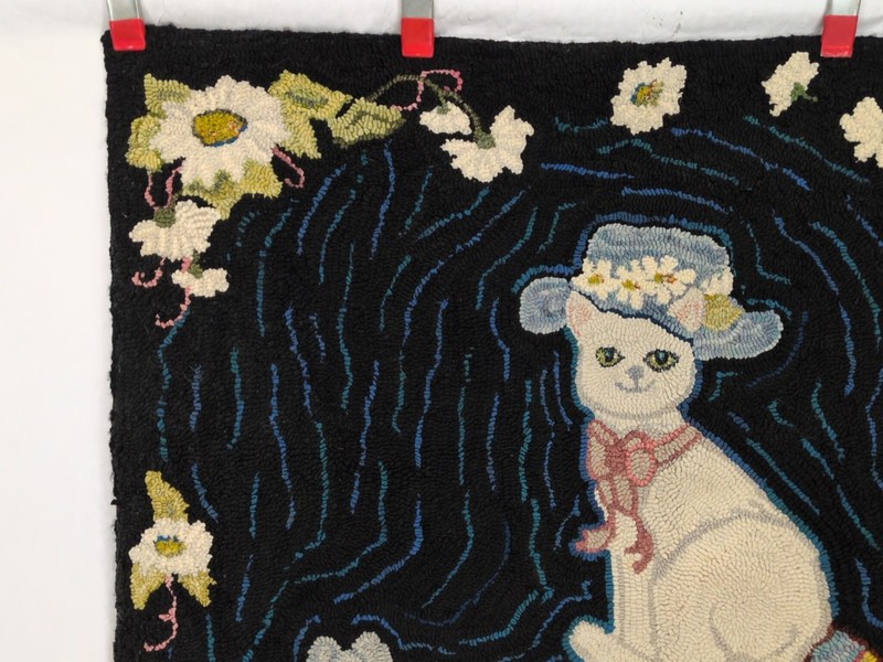 Antique VTG Hooked Rug Wool Cat Kitten In Hat 35x30 Hand Made Black White Floral gallery