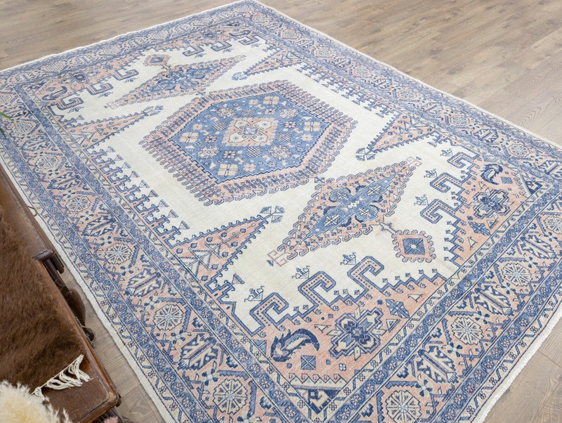 Coastal Boho Rug 8.1x10.10 ft – Blue Peach – Soft Mediterranean Statement Carpet gallery
