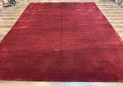 Modern Tibetan Rug 8×10, Red, Stripes, Handmade Wool Thick Pile Carpet