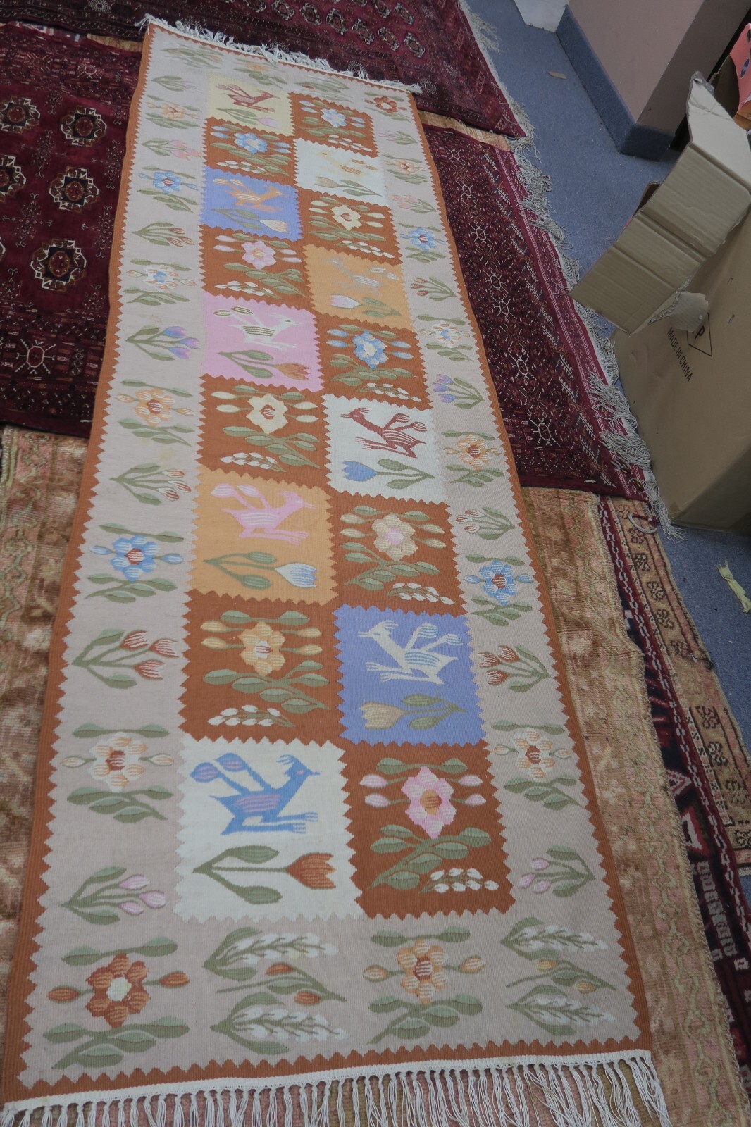 Vintage 1970s Romanian Handmade Woven Deer Garden Panel Wool Runner Rug 2'8x8'2 gallery