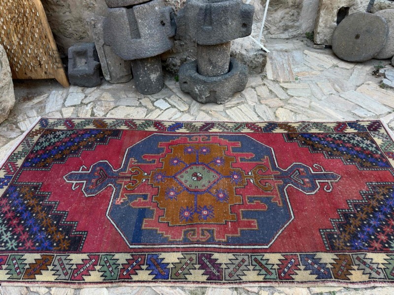 Hand-Woven Area Carpet 4x9 Red Wool Traditional Rug Turkish Medium Size Carpet gallery