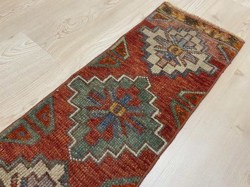 Vintage Turkish Small Rug Handwoven Geometric Wool Carpet 1x2.9 ft gallery
