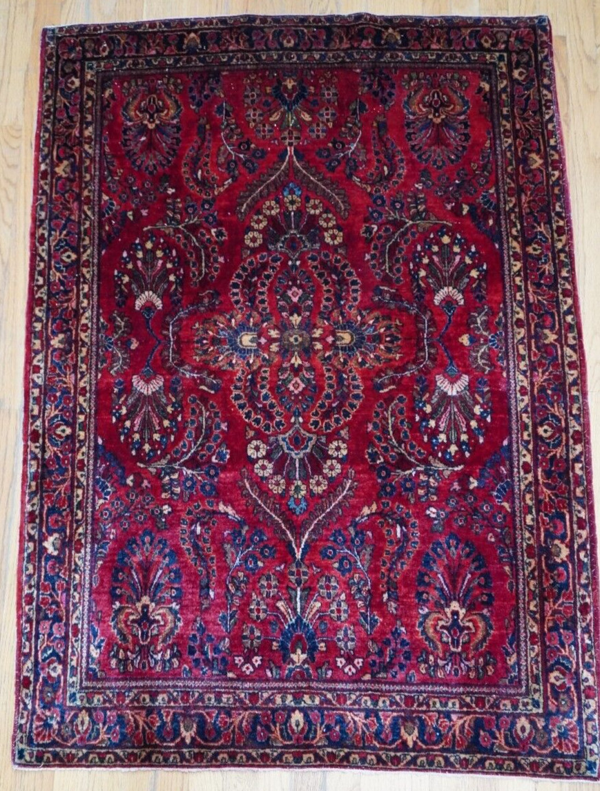 Antique 1900s Saroukk Hand Knotted Wool Red Oriental Rug 3'5" x 5' gallery