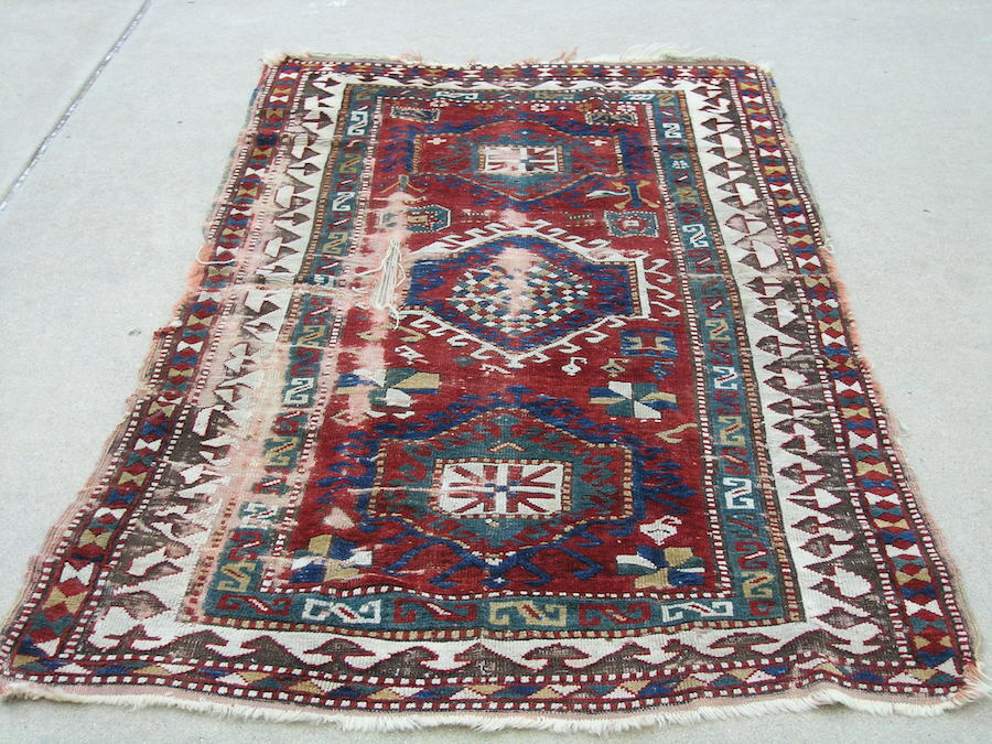 Graphic Antique Mid 19c 3 Medallion Caucasian Kazak Rug Wool Warp & Weft 48x78"