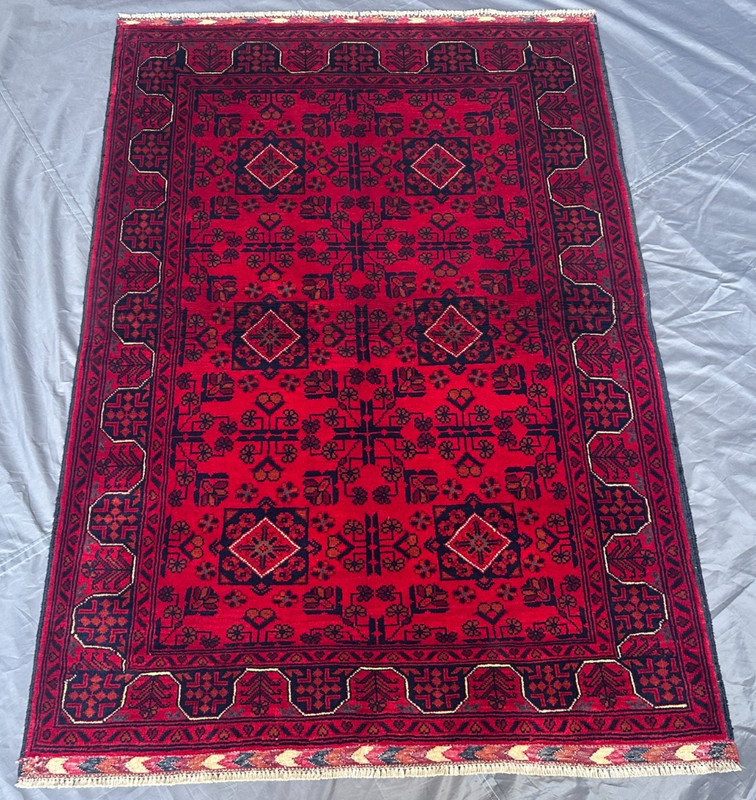Hand Knotted Afghan Turkmen Rug Khal Mohammadi Red Geometric Moss Rug 3'7x5'2 gallery