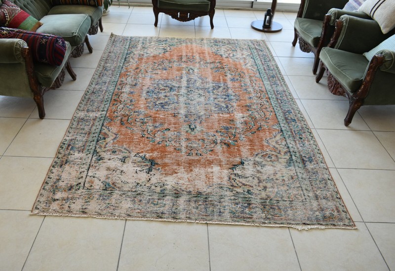 Large Turkish Rug 8.4x5.6 ft Vintage Rug Faded Oushak Rug Living Room Carpet B16 gallery