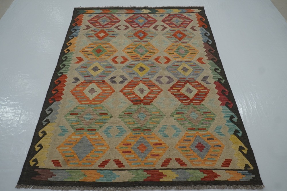 5x7 ft Beige Afghan Hand Woven Wool Reversible Kilim Rug 5'x6'8"