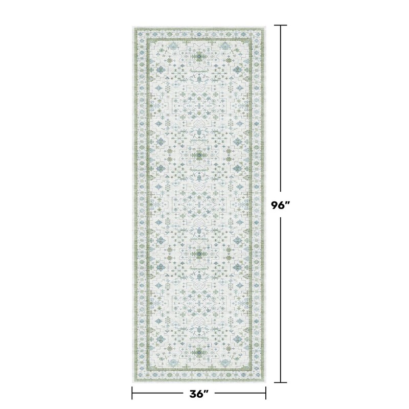 Boho Floral 3x8 Wide Hallway Runner Rug - Cream Green, Washable, Non-Slip, Stain gallery