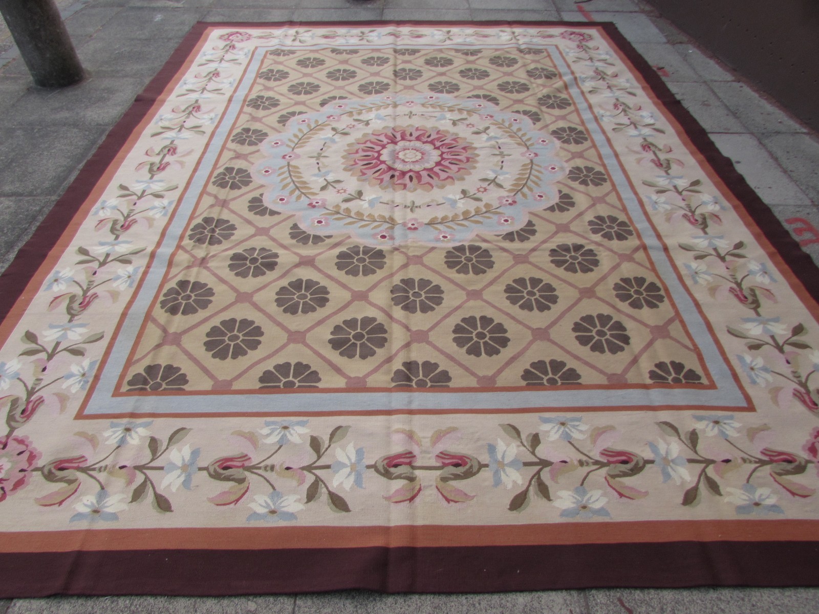 Old Hand Made French Design Wool Beige brown Green Original Aubusson 363X276cm gallery