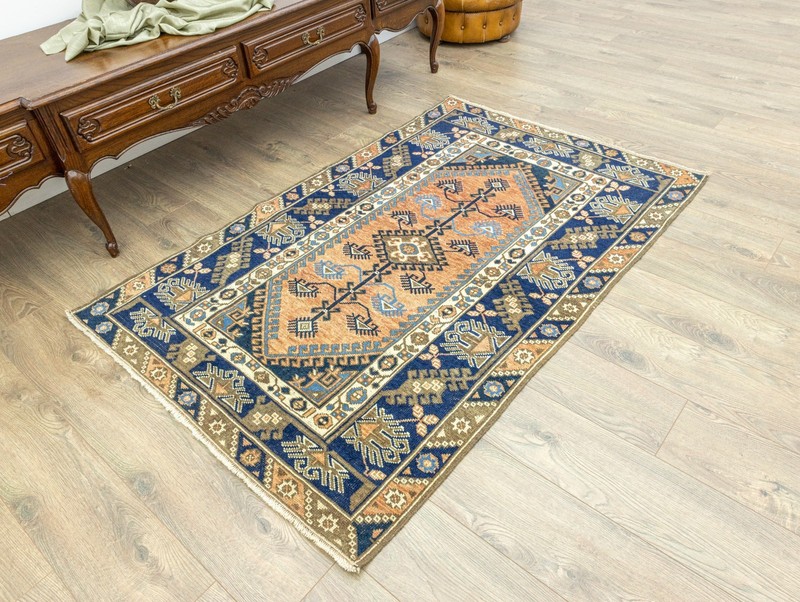 Vintage Turkish Oushak Rug 3.8x5.9 ft – Terracotta & Navy – Hand-Knotted Wool gallery