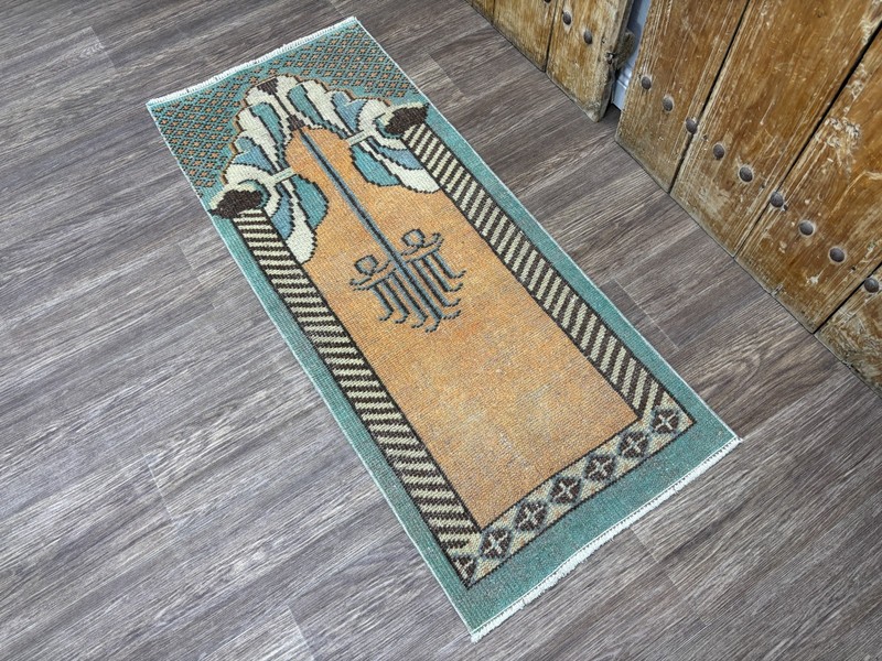 2x5 Copper & Turquoise Vintage Turkish Hallway Runner, Hand-Knotted Wool Rug gallery