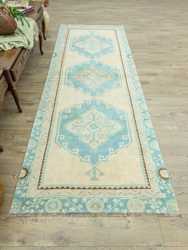 Hand-Knotted Turkish Oushak Wide Runner 4x11 ft – Cream Aqua Coastal Hallway Rug gallery