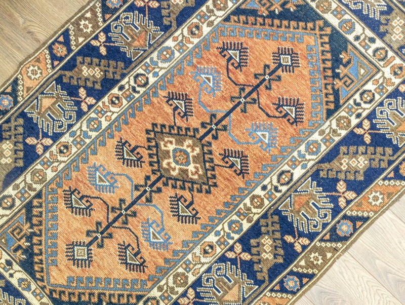 Vintage Turkish Oushak Rug 3.8x5.9 ft – Terracotta & Navy – Hand-Knotted Wool gallery