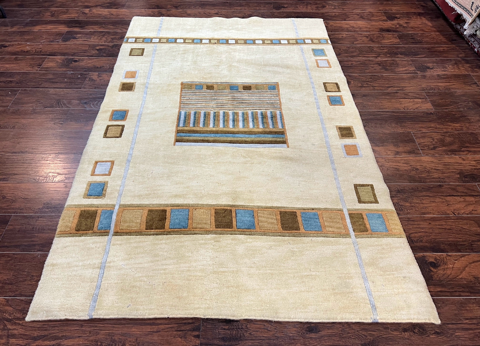 Tibetan Rug 5x8 Contemporary Modern Cream Brown Blue Handmade Wool & Silk Carpet gallery