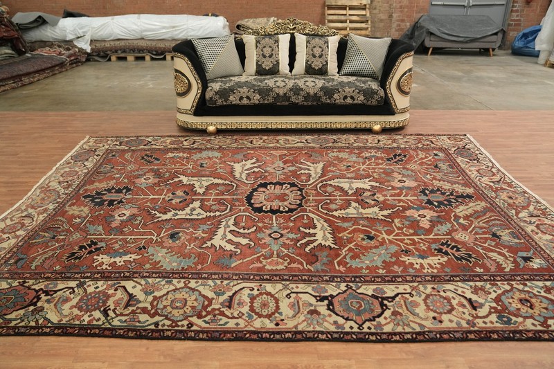 Pre-1900 10x12 Antique Palace-Size Hand-Knotted Area Rug in Oranges & Ivory Hues gallery