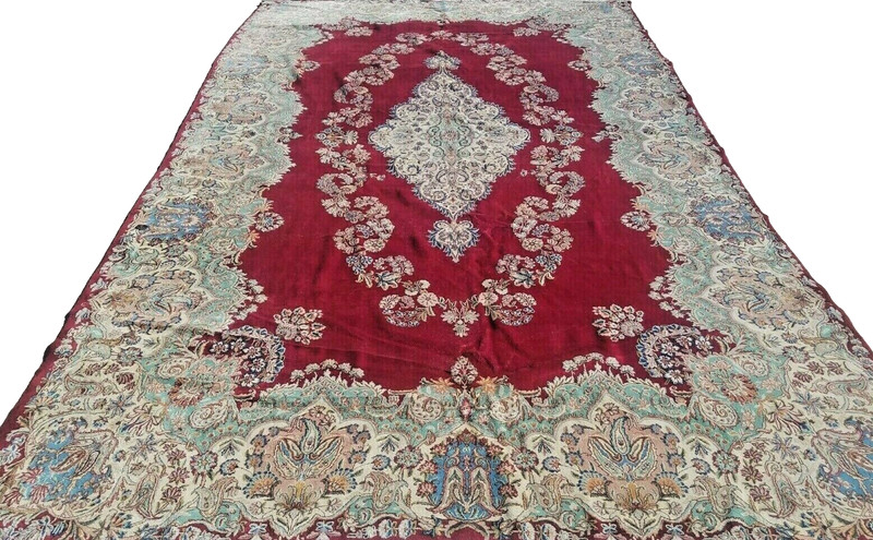 8'10'X16'7 ANTIQUE HAND-KNOTTED KERMANI KASHANI VINTAGE WOOL RED RUG gallery