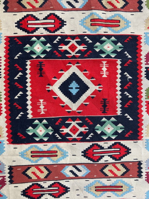 Vintage Handmade Turkish Geometric Tribal Wool Kilim Runner Rug 132x65 cm gallery