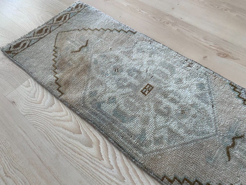 Muted Vintage Small Rug 1.1x2.8 ft with Minimal Medallion Neutral Bath Carpet gallery