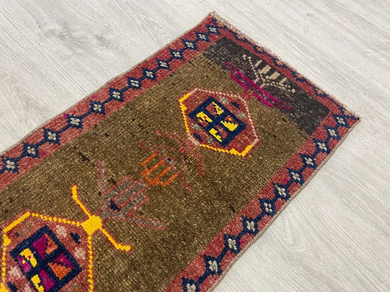 Brown Green Turkish Runner Rug Handmade Vintage Wool Hallway Rug 1.2x2.5 Ft gallery